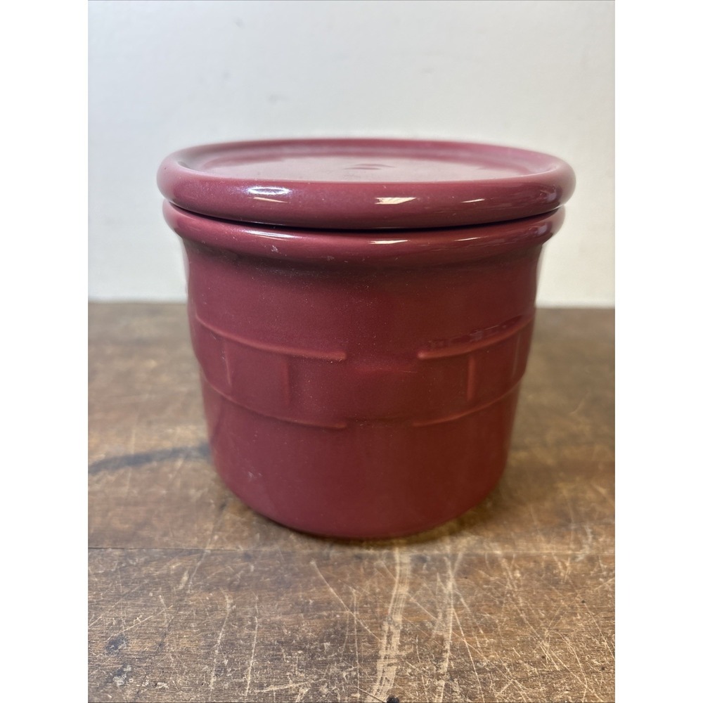 Longaberger Pottery Woven Traditions Burgundy 1 Pint Crock with Lid USA Candle